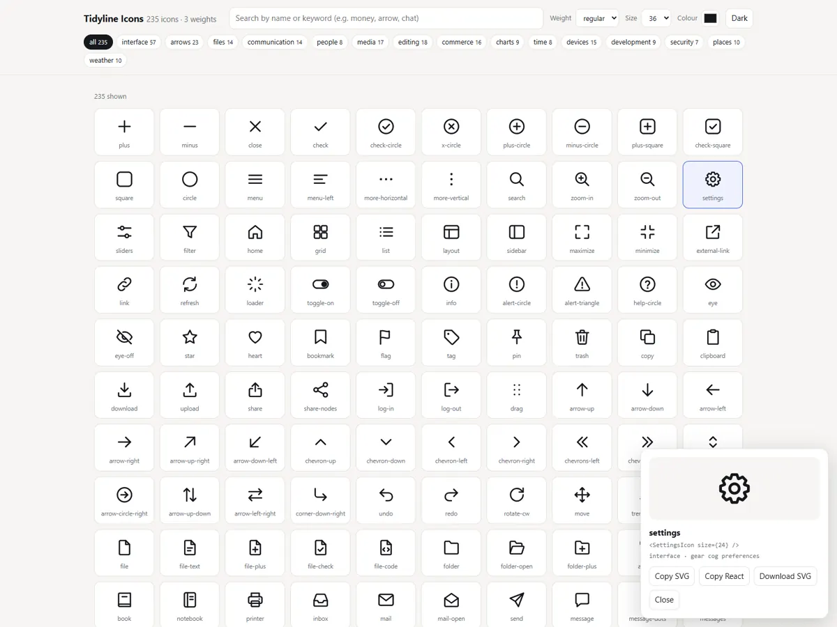 Offline icon browser with search, filters and copy
